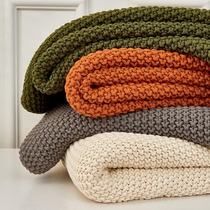 Longhui bedding Chunky Cable Knit Throw Blanket Lightweight Cream 100% Organic Cotton Blanket for Sofa Couch Bed Baby Nursery, Rustic Shabby Chic Modern Farmhouse, 60” x 80” Give Laundering Bag