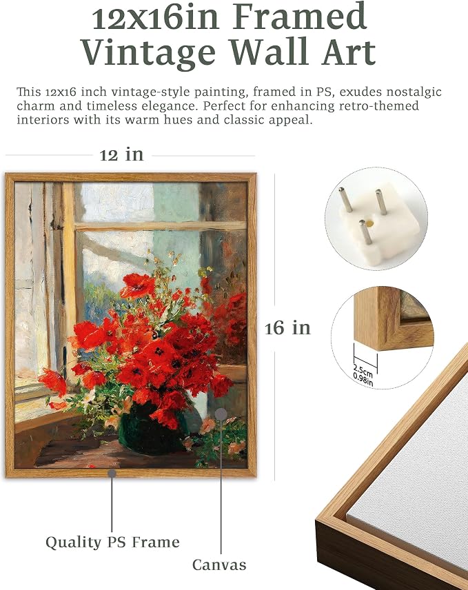 UPWOIGH 12x16 Framed Red Poppies Wall Art | Oil Painting Canvas Print, Vintage Farmhouse Style, Rustic Floral Décor, Living Room Bedroom Accent