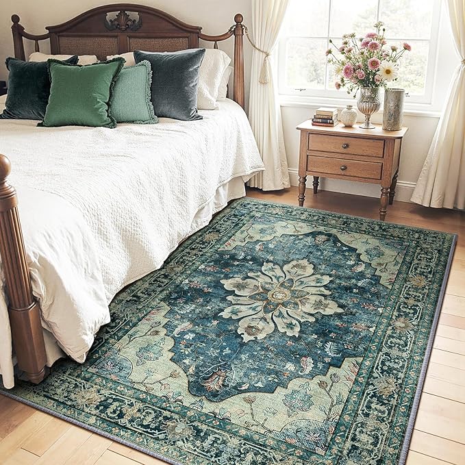 RELEANY Area Rugs 4'x6' Washable Non-Slip, Floral Vintage Distress Print Pattern Medallion Carpet for Living Room Bedroom Dining Room, Dark Blue Vintage