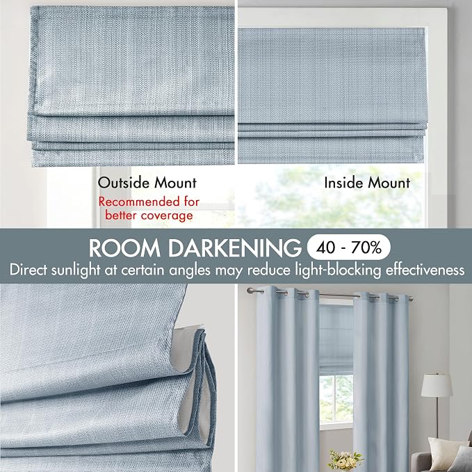 Madison Park Galen Cordless Roman Shade, 27"W x 64"H, Sheen Blue – Room Darkening, Thermal Insulated, Energy Efficient Window Blind with Subtle Sheen Basketweave Fabric for Privacy