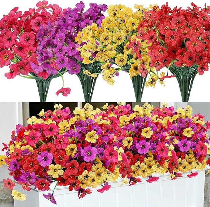 Geegoods Artificial Mums Flowers for Outdoors, 16 Bundles UV Resistant Fake Plastic Colorful Mix Flowers for Patio Porch Spring Summer Decor