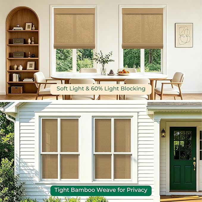 Allesin zen No Drill Cordless Bamboo Roman Shades, Light Filtering 31.5" W x 48" H, Brown