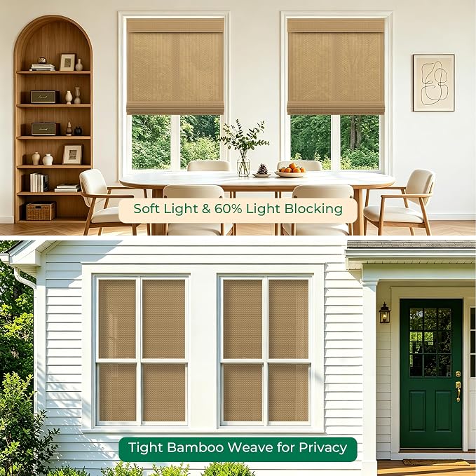 Allesin zen No Drill Cordless Bamboo Roman Shades, Light Filtering 28" W x 64" H, Brown