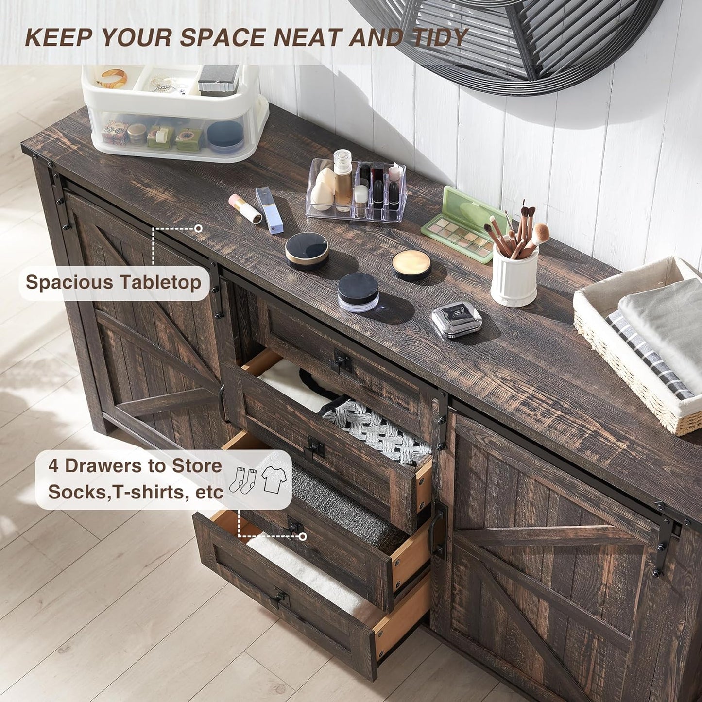 T4TREAM 60'' Farmhouse Dresser Chests for Bedroom w/4 Drawers & Sliding Barn Doors, Wide Dresser TV Stand, Tall Chest of Drawers, Rustic Dresser Organizer for Bedroom, Living Room, Dark Rustic Oak