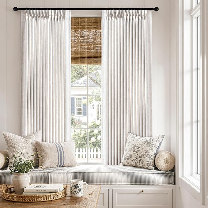 MIULEE Pinch Pleated Thick Linen Curtains 54 Inches Long 2 Panels for Kitchen Bedroom Basement, Linen Textured Memory Trained Drapes Pleat Back Tab Light Filtering Natural Small Short Window Curtains