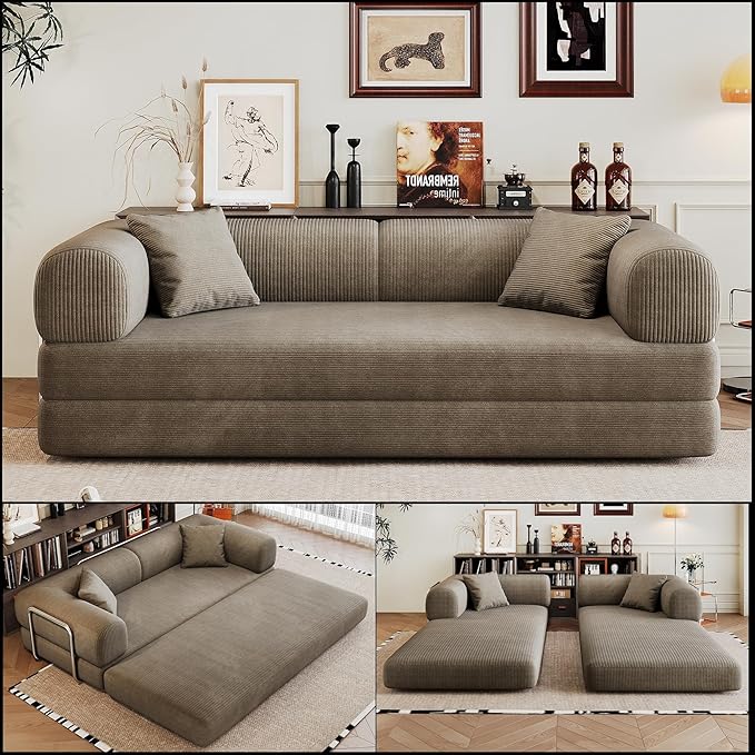 JINGLING 79" Queen Sleeper Sofa Bed with Memory Foam, Compressed Couch in a Box, Foldable Convertible Small Couches for Small Spaces Bedroom Game Room, Corduroy Fabric, Camel