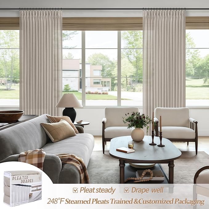 PleatedDrapes 112 Inch Extra Long Light Filtering Curtains for Kids Room 2 Panels Set, Greyish Brown Memory Shape Pinch Pleat Flax Linen Cottage Core Windows Curtain Privacy Semi Sheer Large Drapes