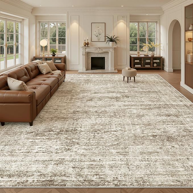 Soalmost 12x15 Washable Area Rug Brown Neutral Abstract Living Room Large Carpet Non Slip Bedroom Indoor Office Dining Room Low Pile Thin Rug