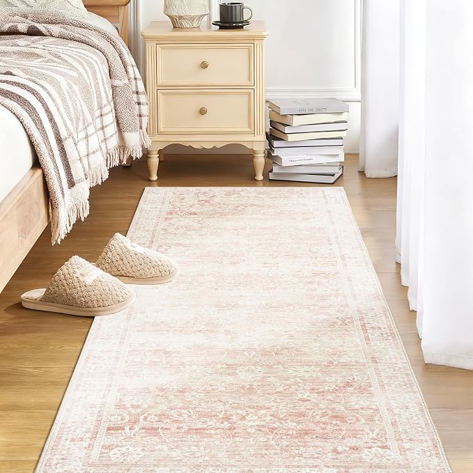 BILEEHOME Pink Boho Runner Rugs for Hallway Kitchen Washable Non Slip Bed Side Bedroom Rug 3x7 Light Pink Low Pile Vintage Floral Rugs for Bathroom Stain Resistant Carpet for Laundry Room 3 x 7