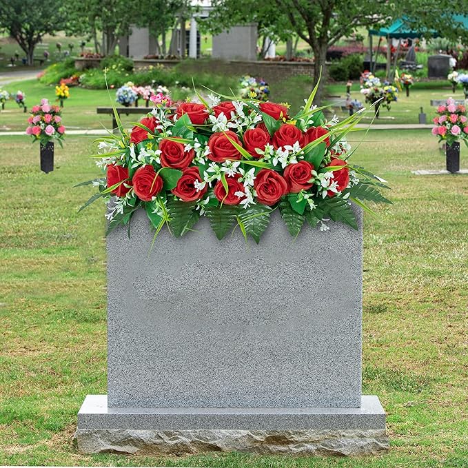 DONODA Cemetery Tombstone Flower Saddle - Outdoor Grave Decorations - Non-Bleed Colors, Rose Combination Flower (red Saddle)