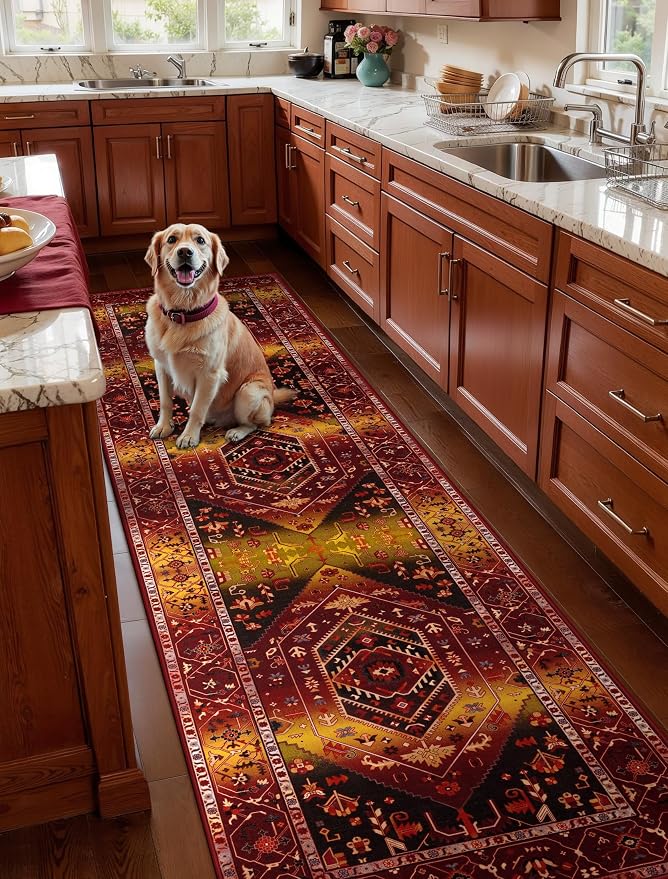 SERISSA Runner Rug for Hallways, 2'6"x10' Washable Non Slip Kitchen Runner Rug, Long Boho Rug Vintage Rustic Red Gold Hallway Stair Ultra Soft Print Floor Carpet for Bedroom Bathroom Laundry Room