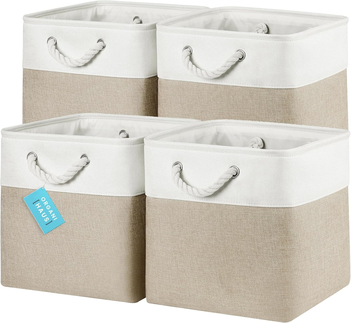 OrganiHaus 12x12 Cube Storage Bins 4 Pack, Foldable Cube Storage Organizer w/ Rope Handles, Collapsible Fabric Bins for Toys, Clothes & Closet Organization, Fabric Square Baskets - Beige/White