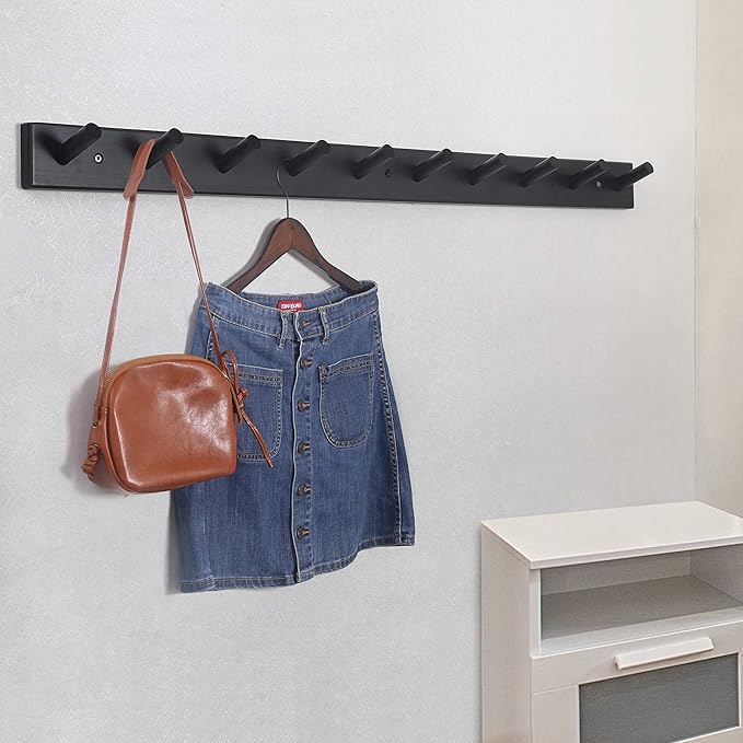 SKOLOO Wood Coat Rack Wall Mounted,10 Peg Long Bamboo Hook for Hanging Backpack Coat Towel Hat,16'' Hole to Hole,Pack of 2,Black