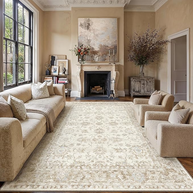 9x12 Neutral Area Rug for Living Room Bedroom Beige Floral Soft Non Slip Rug Low Pile Distressed Large Carpet for Dining Room Nursery Office Indoor