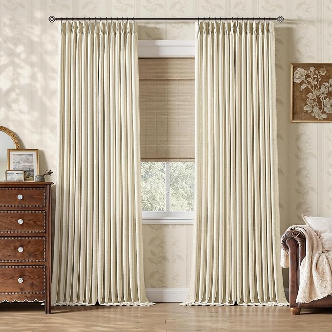 Pleated Linen Curtains 86 Inch 2 Panels for Living Room Warm Cream Beige Semi Sheer Non See Through Linen Textured Window Drapes with Hooks Rings Boho Rustic Pinch Pleat Bedroom Curtains 86 Inches