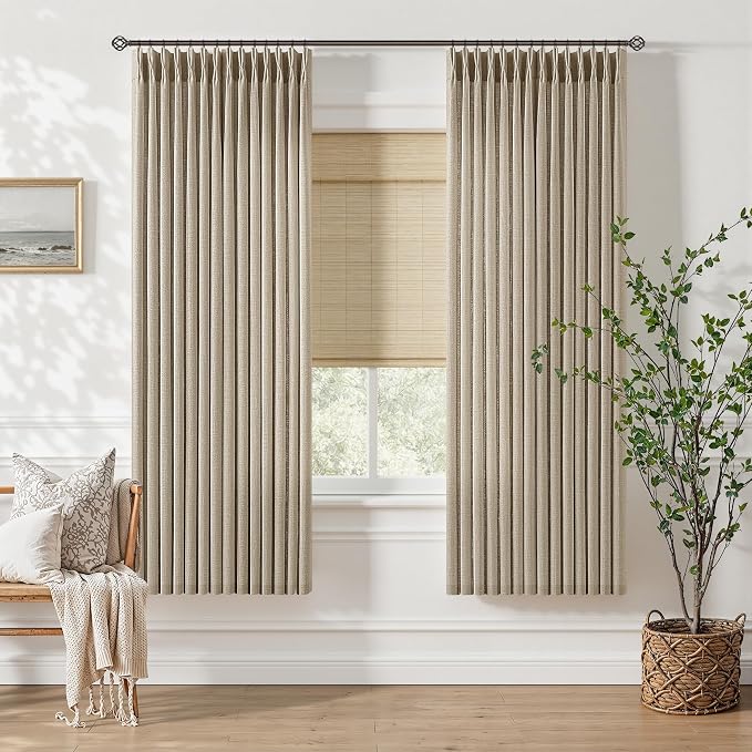 Burlywood Birch Pinch Pleated Linen Curtains 2 Panels 63 Inch for Living Dining Room Semi Sheer Memory Trained Short Pleat Drapes with Hooks Rings Farmhouse Boho Taupe Bedroom Kitchen Drapes 40W
