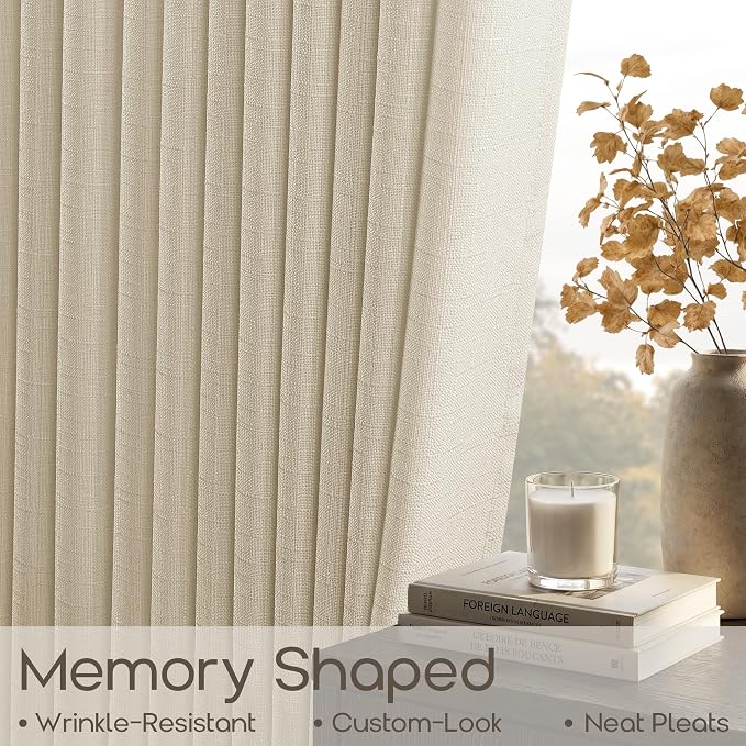 Cream Beige Pinch Pleat Curtains 105 Inches Long 2 Panels Set Memory Shaped Semi Sheer Privacy Back Tab Track Curtains with Hooks Rings Farmhouse Neutral Ceiling Floor Curtain 105 Inch Length 2 Panels