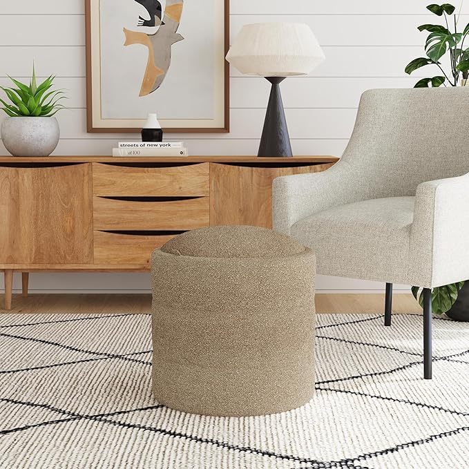 HomePop Storage Round Ottoman with Removable Lid |Homepop Home Décor|Upholstered Round Foot Rest Ottoman - Brown Boucle