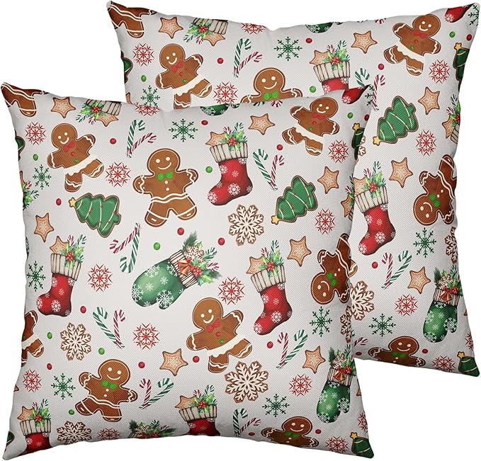 Christmas Pillow Covers 24x24 Set of 2 Gingerbread Man Throw Pillow Covers Xmas Tree Socks Gloves Snowflakes Pillow Case for Holiday Decor Couch Sofa