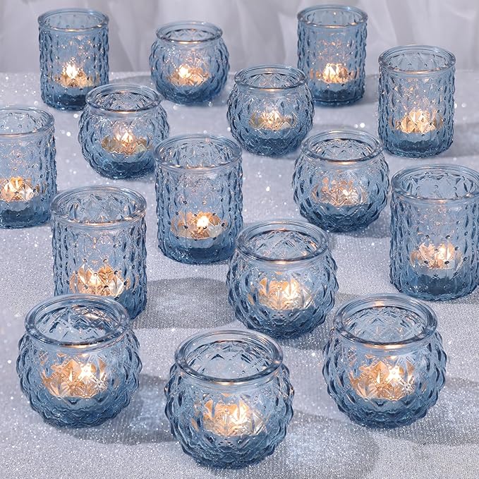 DARJEN Blue Votive Candle Holders Set of 36- Round Candle Holders Bulk, Glass Candle Holder for Wedding Home Decoration, Tea Lights Candle Holders for Wedding Shower, Party & Gift