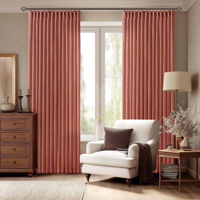 Terracotta 90 Inch Linen Curtains Pinch Pleated for Living Room Bedroom Dining Boho Light Filtering Pinch Pleat Drapes Hooks Rings Back Tab Semi Sheer Autumn Fall Rust Orange Window Curtains 2 Panels