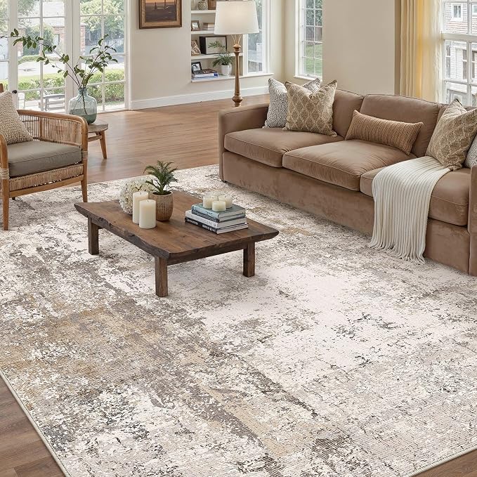 5x7 Washable Area Rug Brown Grey Abstract Non Slip Soft Low Pile Rug for Living Room Bedroom Dining Room Office Neutral Modern Indoor Throw Carpet for Home Decor