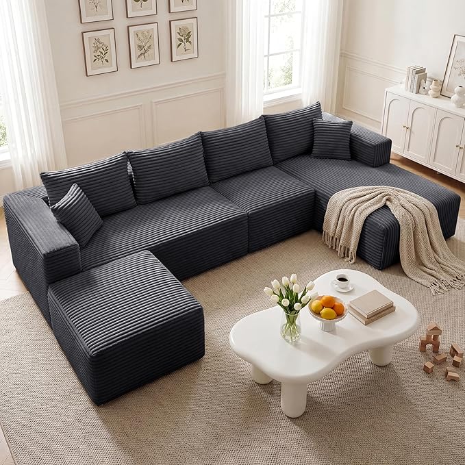 27.56'' Plush Fluffy Corduroy Poofy Ottoman in a Box for Boneless Sofa Couch, Modern Compressed Foot Rest, Small Comfy Rectangle Boneless Pouf Footstool Ottoman for Living Room, Bedroom, Grey