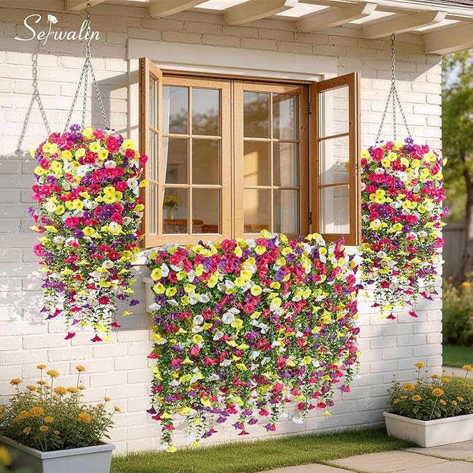 Serwalin Artificial Hanging Flowers for Outdoors UV Resistant, 4PCS Faux Morning Glory Fake Outdoor Flowers Realistic Silk Flower Plants for Outside Planter Front Door Porch Patio Yard Decor