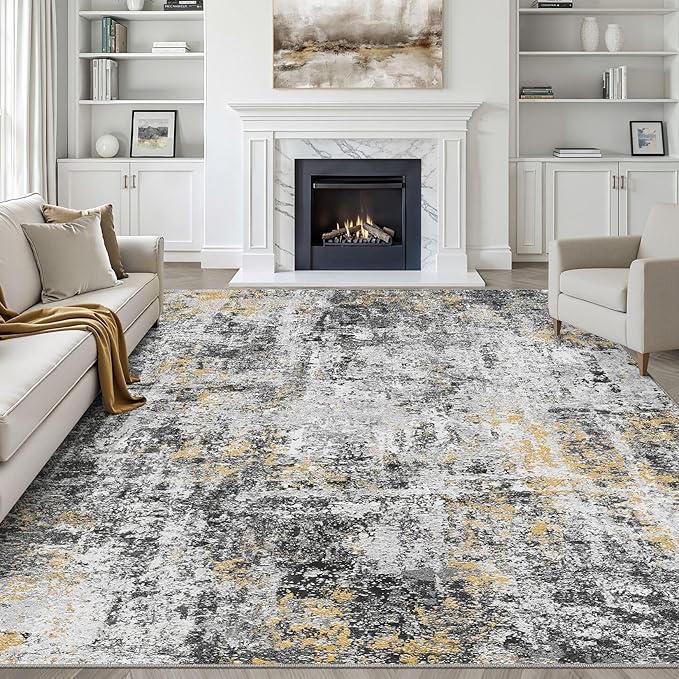 7x9 Area Rug Living Room: Washable Large Neutral Rug Abstract Soft Modern Stain Resistant Indoor Floor Non-Slip Carpet for Bedroom Nursery Kids Office Playroom Dining Room Under Table- Black Gold