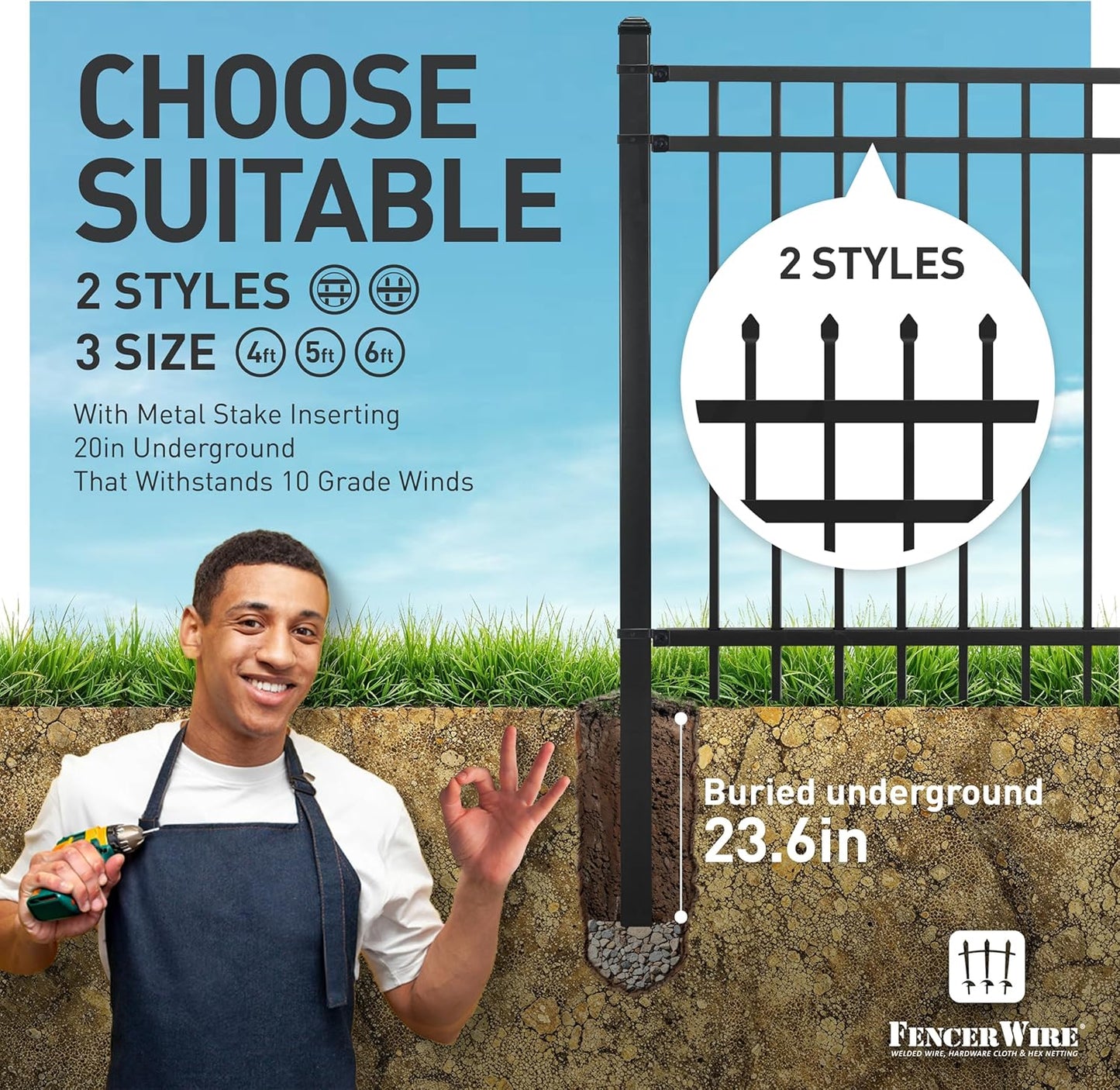 Fencer Wire Pack of 5 Heavy Duty Flat Top Fence Barrier Panel, 6FT Height X 8FT Width Anti-Rust Metal Fencing Panel, 2” Diameter Steel Outdoor Decorative Garden Fence Panel for Yard, Pool, Patio