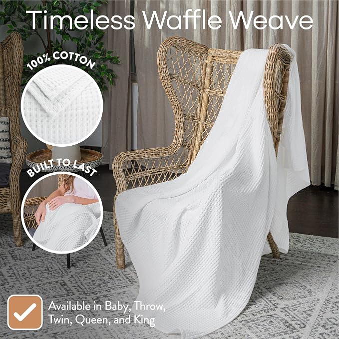 Comfy Cubs Waffle Blanket King, 108" x 90" - 100% Cotton Lightweight Breathable Bed Blanket - Soft Textured Thermal Weave for All Seasons – Decorative Cozy Layer for Couch, Sofa, or Bed - White