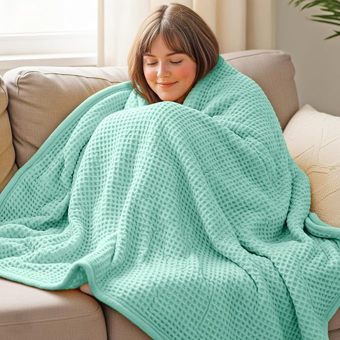 THREAD SPREAD 100% Cotton Waffle Twin Size Blanket for Bed - Soft Lightweight Breathable Waffle Weave Twin Blanket for All Season, Textured Throw Blankets for Bed, Sofa, Hotel, Hospital - Mint Green
