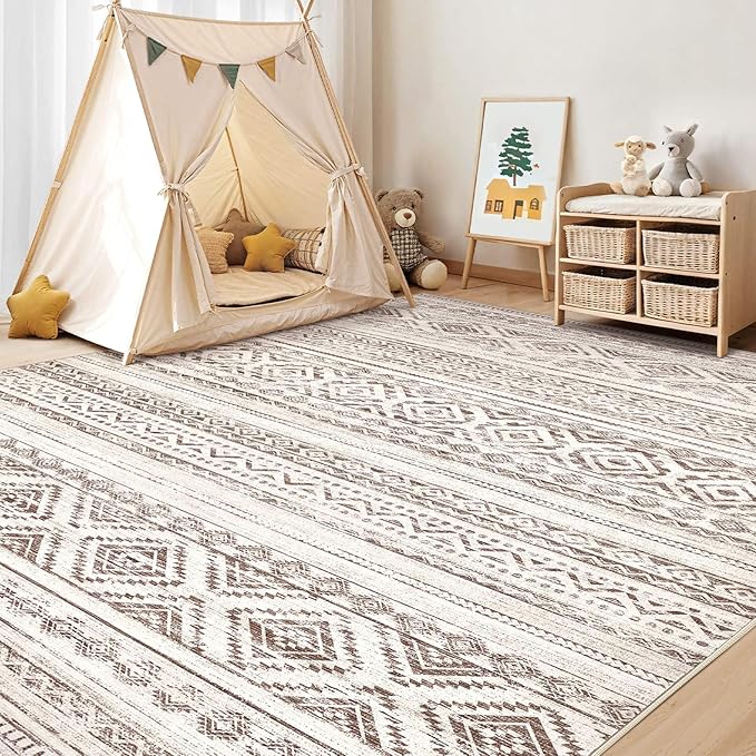 cotiled 6x9 Area Rug Living Room: Washable Boho Rugs with Non Slip Backing Large Soft Indoor Stain Resistant Carpet for Bedroom Farmhouse Dining Room Lightweight Home Decor Dark Brown