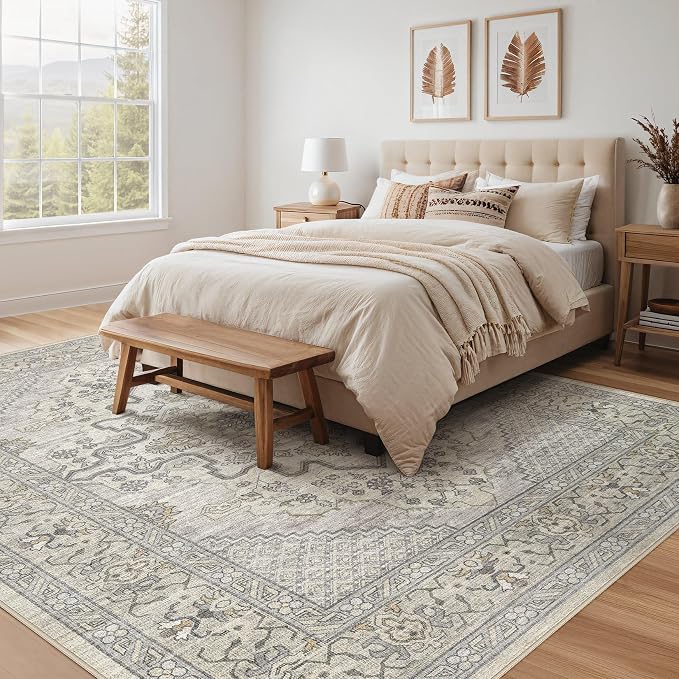 Tortania Area Rug Living Room Rugs - 12x15 Washable Boho Rug Vintage Oriental Distressed Farmhouse Large Thin Indoor Carpet for Living Room Bedroom Under Dining Table Home Office - Beige Linen