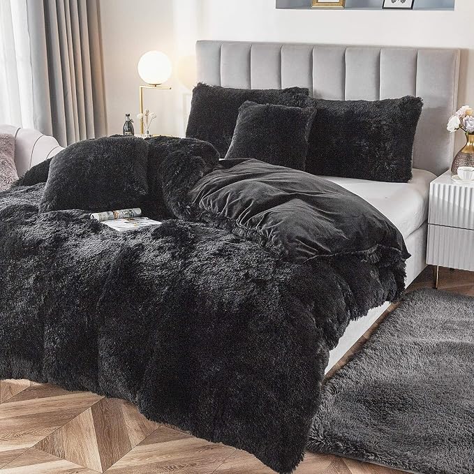 Faux Fur Velvet Fluffy Bedding Duvet Cover Set Down Comforter Quilt Cover with Pillow Shams, Ultra Soft Warm (Black, King)
