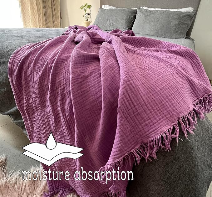 KyraHome 100% Organic Cotton Throw Blanket 60"x80" Large Muslin Blanket for Couch,Pre-Washed Plant Dyed, Breathable Lightweight Gauze Summer Blanket, All Season (Lavender Purple)