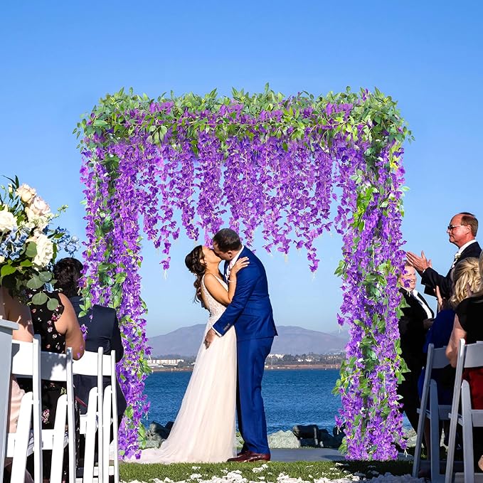Sggvecsy 6Pcs Wisteria Garland Artificial Flowers Garland Fake Hanging Wisteria Vines Rattan Silk Hanging Flower Vines for Home Garden Outdoor Wedding Arch Party Ceremony Total 35.4Ft (Purple)