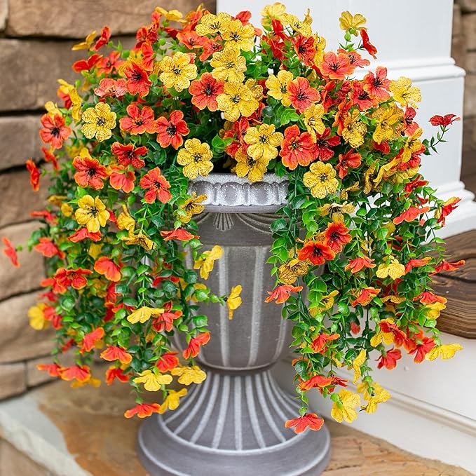 HyeFlora Artificial Flowers for Outdoors Decoration, 2Pcs Fake Hanging Spring Decor, Yellow and Orange Realistic Plants, UV & Fading Resistant Silk Flower for Porch Patio Balcony Planter Yard