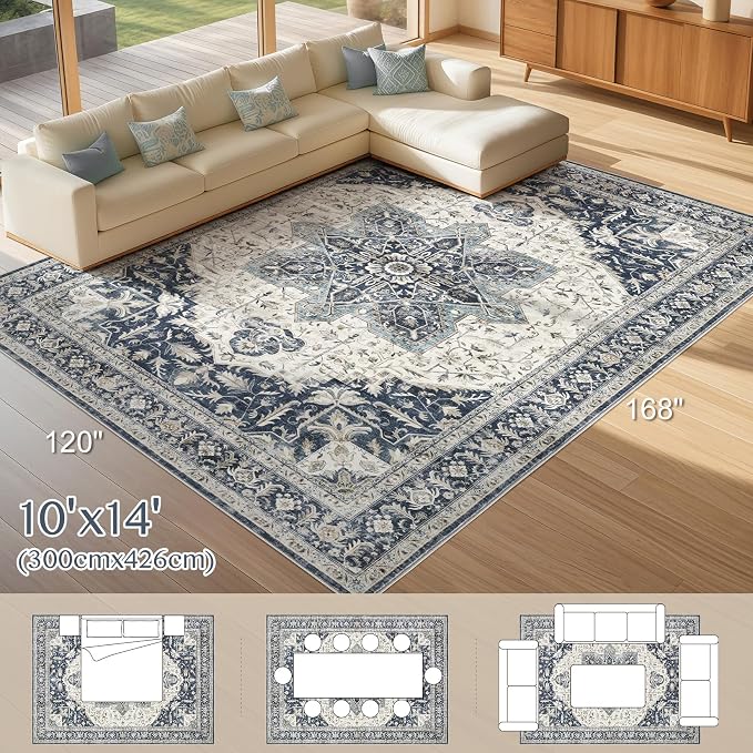 Tortania Area Rug Living Room Rugs - 10x14 Washable Boho Rug Vintage Oriental Distressed Farmhouse Large Thin Indoor Carpet for Living Room Bedroom Under Dining Table Home Office - Indigo