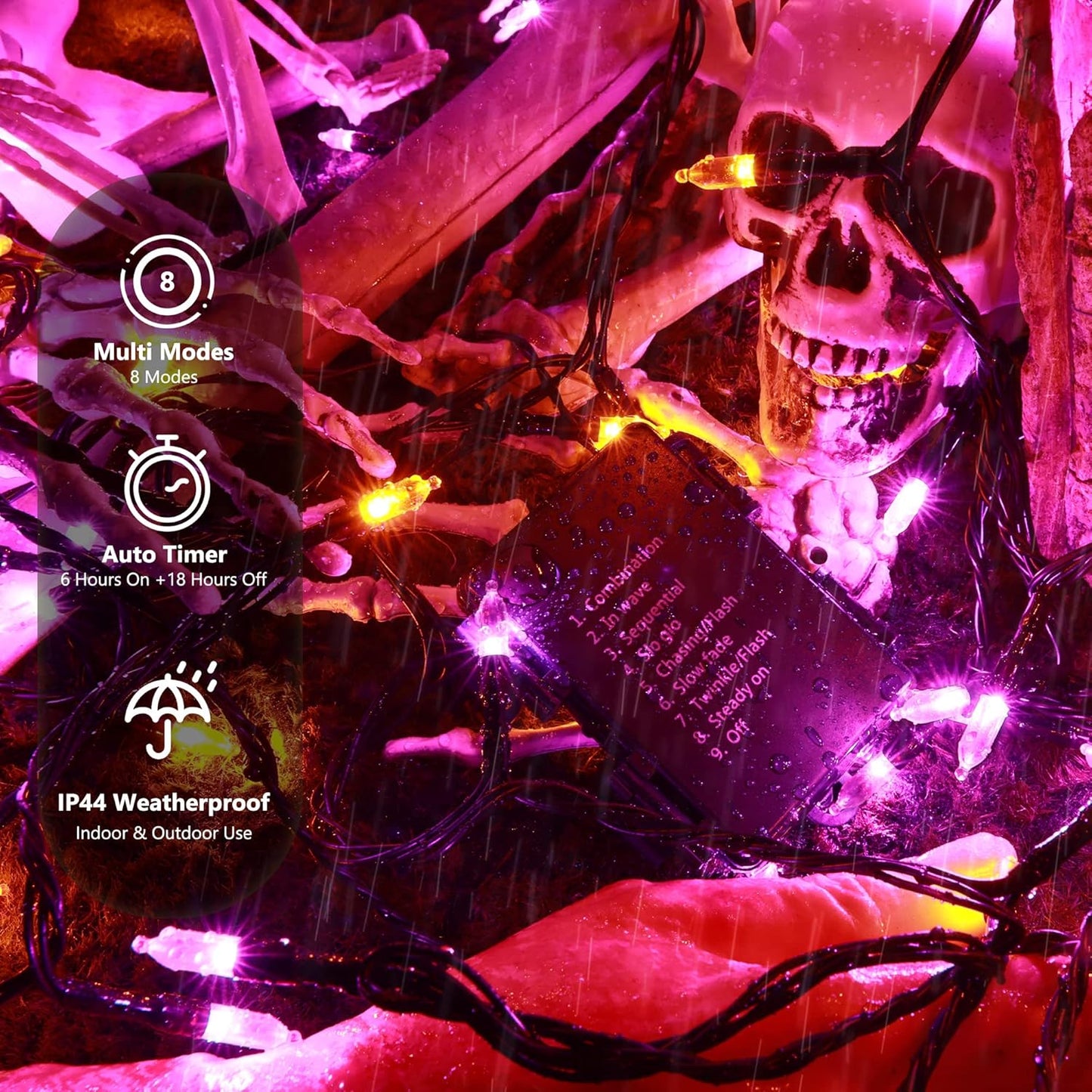 BrizLabs Orange Purple Halloween Lights, 33ft 100 LED Battery Halloween Lights, 8 Modes Orange Purple String Light with Timer, Indoor Outdoor Mini Battery Light for Outside Tree Bedroom Patio Decor