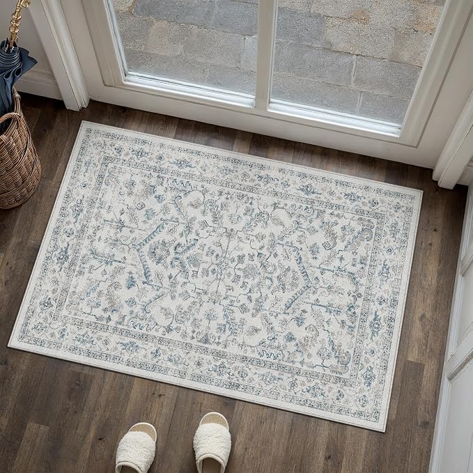 PureCozy Blue 2x3 Entryway Rug Vintage Area Carpet Indoor Kitchen Washable Door Mat Entrance Small Low Pile Traditional Distressed Retro Accent Throw Rug Non Slip Office Bathroom