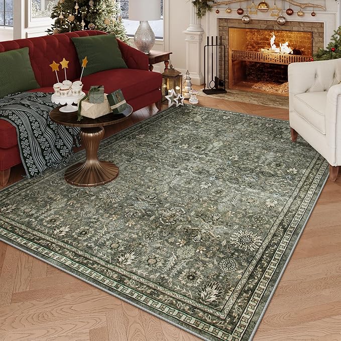 Lahome Sage Green Area Rug 6x9, Machine Washable Rugs for Living Room, Boho Vintage Soft Bedroom Carpet for Dining Room Nursery Apartment Office, Dark Green | Vintage Non Slip Non Shedding Soft Carpet for Bedroom Dining Room Nursery