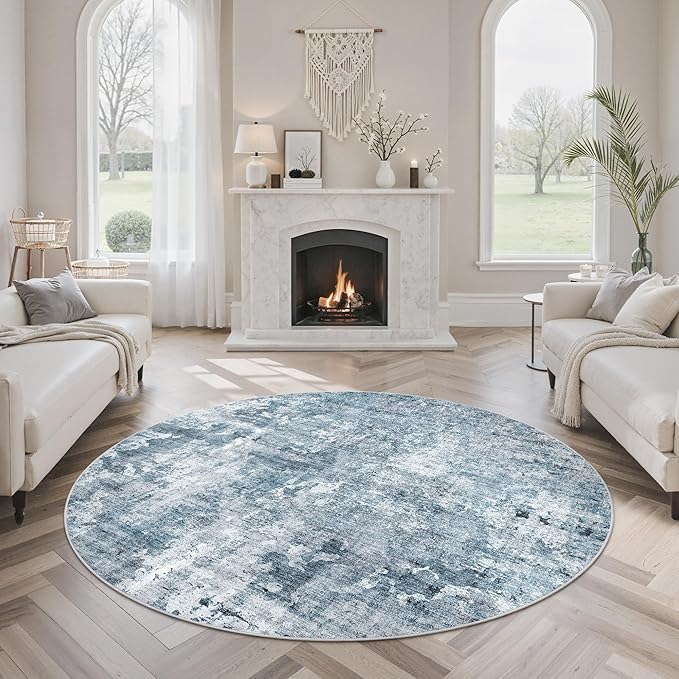 Soalmost 5x5 Blue/Grey Round Rug 5ft Living Room Circle Rug Vintage Round Area Rug Non Slip Indoor Carpet for Entryway Dining Room Bedroom