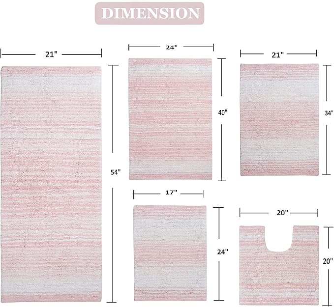Home Weavers 100% Cotton Gradiation Collection Bathroom Décor | Washable Rug | Bathroom Mat | Kitchen Mat | Bathroom Rug Set | Bath Mat Set | Bath Floor Mat Non Slip, 5 Piece Set with Contour, Pink
