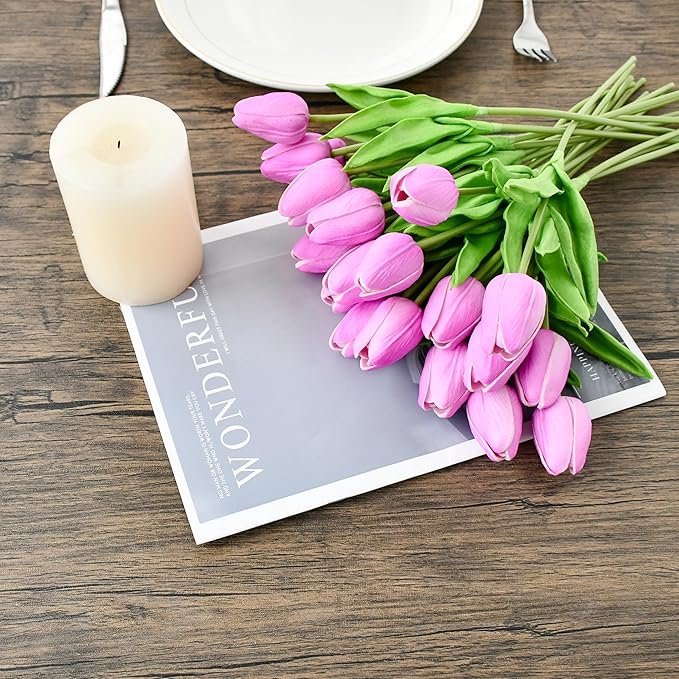 Mandy's Lavender Artificial Tulips Flowers Centerpiece, 13.5" Lifelike PU Fake Floral Stems 20pcs for Kitchen Island & Dining Table, Spring Decor for Easter