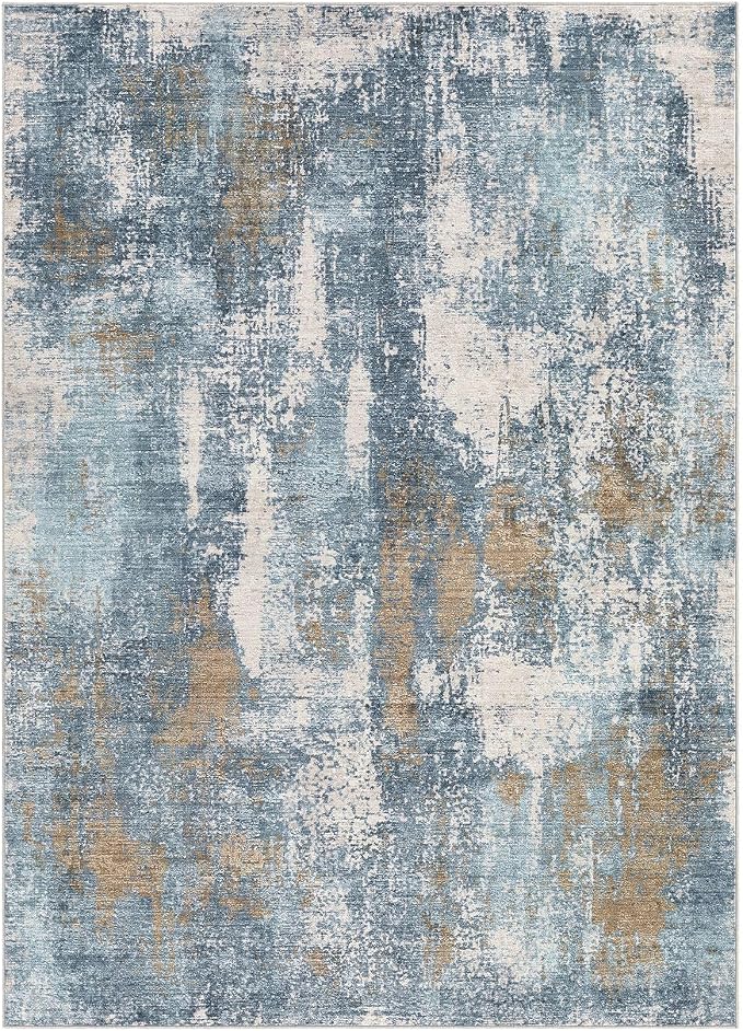 DMOYEST Area Rug Living Room Rugs - 5x7 Washable Soft Indoor Neutral Modern Abstract Low Pile Rug Carpet for Bedroom Dining Room Farmhouse Home Office - Blue Brown