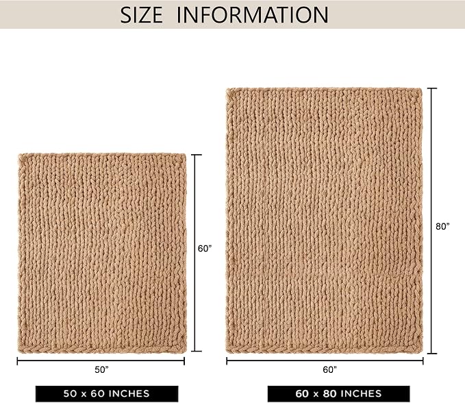Chunky Knit Throw Blanket 50x60, 100% Handmade Chenille Yarn | 4.4lbs Soft Thick Cable Knitted Blankets, Large Rope Knot Crochet Throws for Couch Sofa Bed Machine Washable, Tan Brown