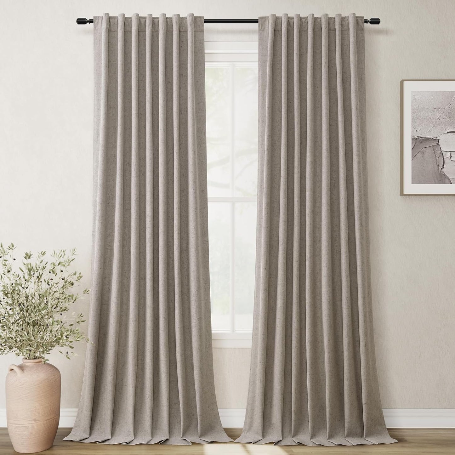 BOODII Dark Taupe Linen Blackout Curtains for Bedroom 84 Inch Length 2 Panels Set Room Darkening Curtains Black Out Curtain Neutral Thermal Insulated Living Room Nursery Drapes Back Tab 52x84