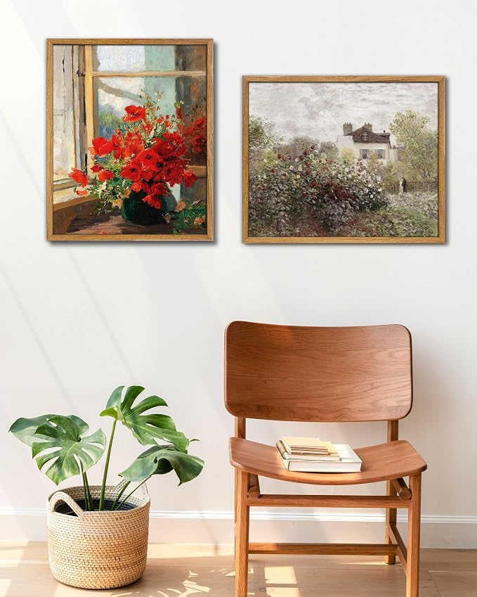 UPWOIGH Red Poppy Framed Impressionist Wall Art, 16 x 24 Inch | Red Poppy Bouquet by a Sunlit Window, Impressionist Oil Painting Style, Warm Wood Frame for Living Room and Bedroom