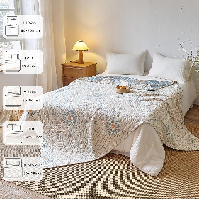Large Boho Throw Blanket,90"x98" Double-Sided Soft Cotton Quilt,4-Layer Gauze Muslin Blankets for Adults,Unique Geometric Bedspread Home Decor,Breathable Summer Blanket, Blue/Beige